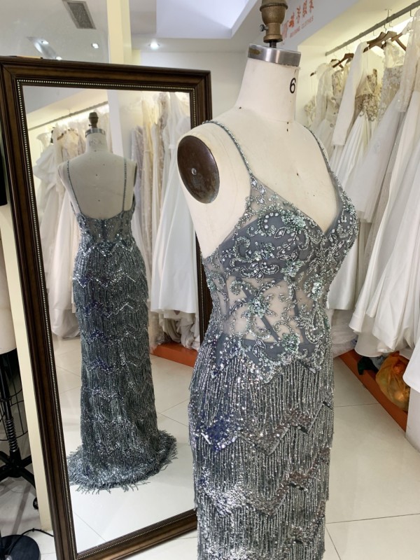 2025 V Neck Elegant Evening Prom Dress With Tassel Sequined Dress For Ladies Elegant Floor-length Dress with Beading
