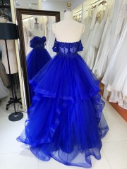 Luxury fashion Off The Shoulder wholesale corset royal blue embroidery beading ruffle skirt A line prom evening dresses