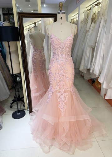 2025 Fashion custom pink sexy mermaid gowns prom evening dress embroidered flower lace boning design prom dress
