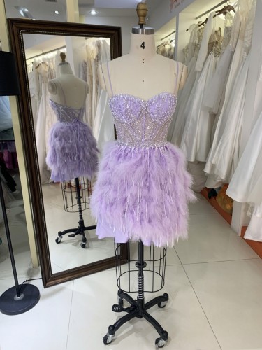 2025 Fashion design sweetheart girl sexy party short dress ostrich feather dress princess wholesale cocktail dresses for teens