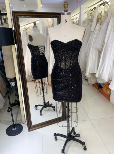 New Fashionable prom dresses Sexy Black corset sleeveless Evening Dress with rinhestone fringes dress For Party