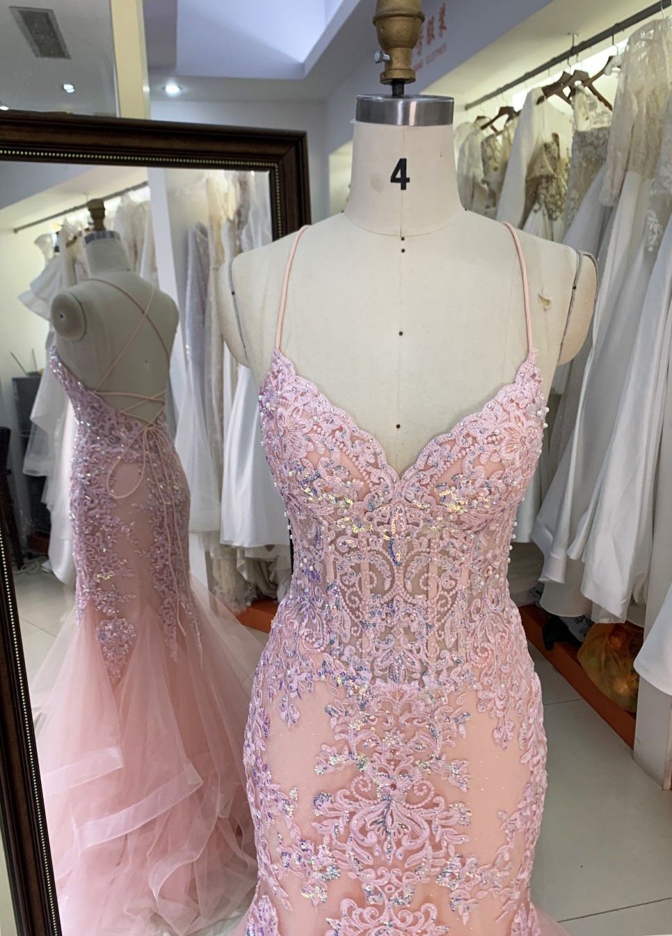 2025 Fashion custom pink sexy mermaid gowns prom evening dress embroidered flower lace boning design prom dress