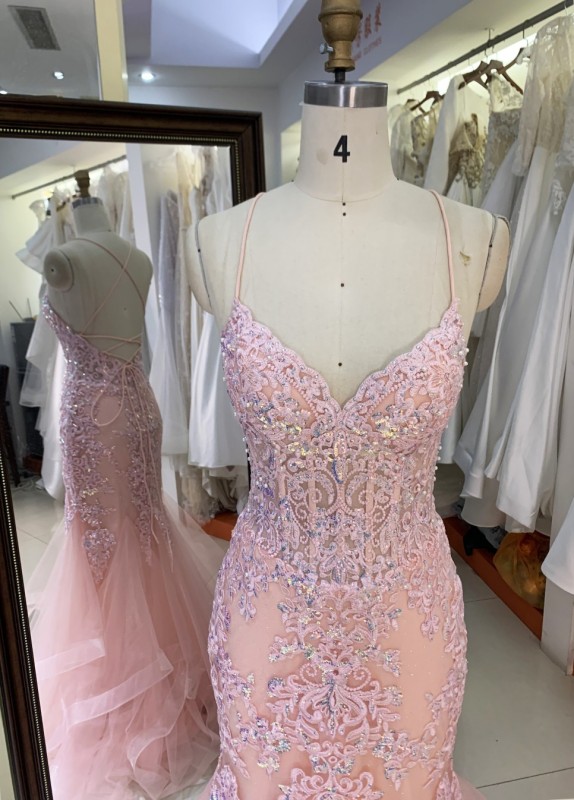 2025 Fashion custom pink sexy mermaid gowns prom evening dress embroidered flower lace boning design prom dress