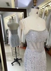 Sexy Rhinestone New fashion design Off The Shoulder Evening Prom Dress fringe dress luxury short silver evening dresses