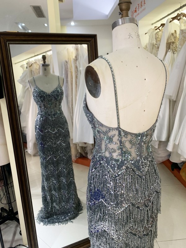 2025 V Neck Elegant Evening Prom Dress With Tassel Sequined Dress For Ladies Elegant Floor-length Dress with Beading