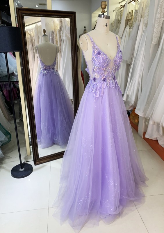 Purple V Neck Backless A Line Prom Dress embroidery beading ruffle Floor Length prom evening dresses