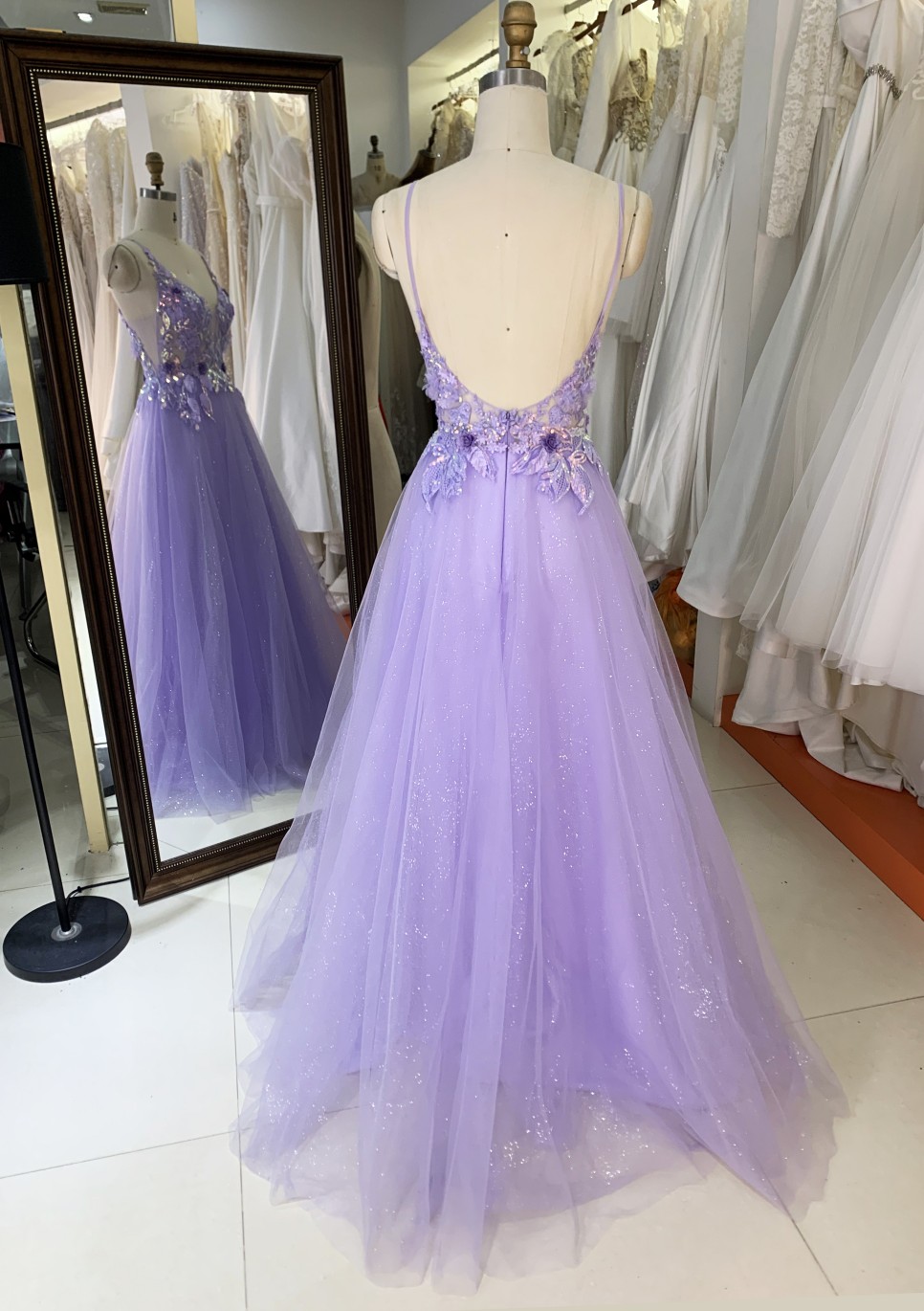 Purple V Neck Backless A Line Prom Dress embroidery beading ruffle Floor Length prom evening dresses
