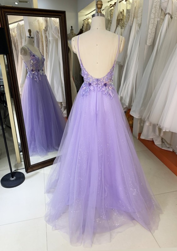 Purple V Neck Backless A Line Prom Dress embroidery beading ruffle Floor Length prom evening dresses