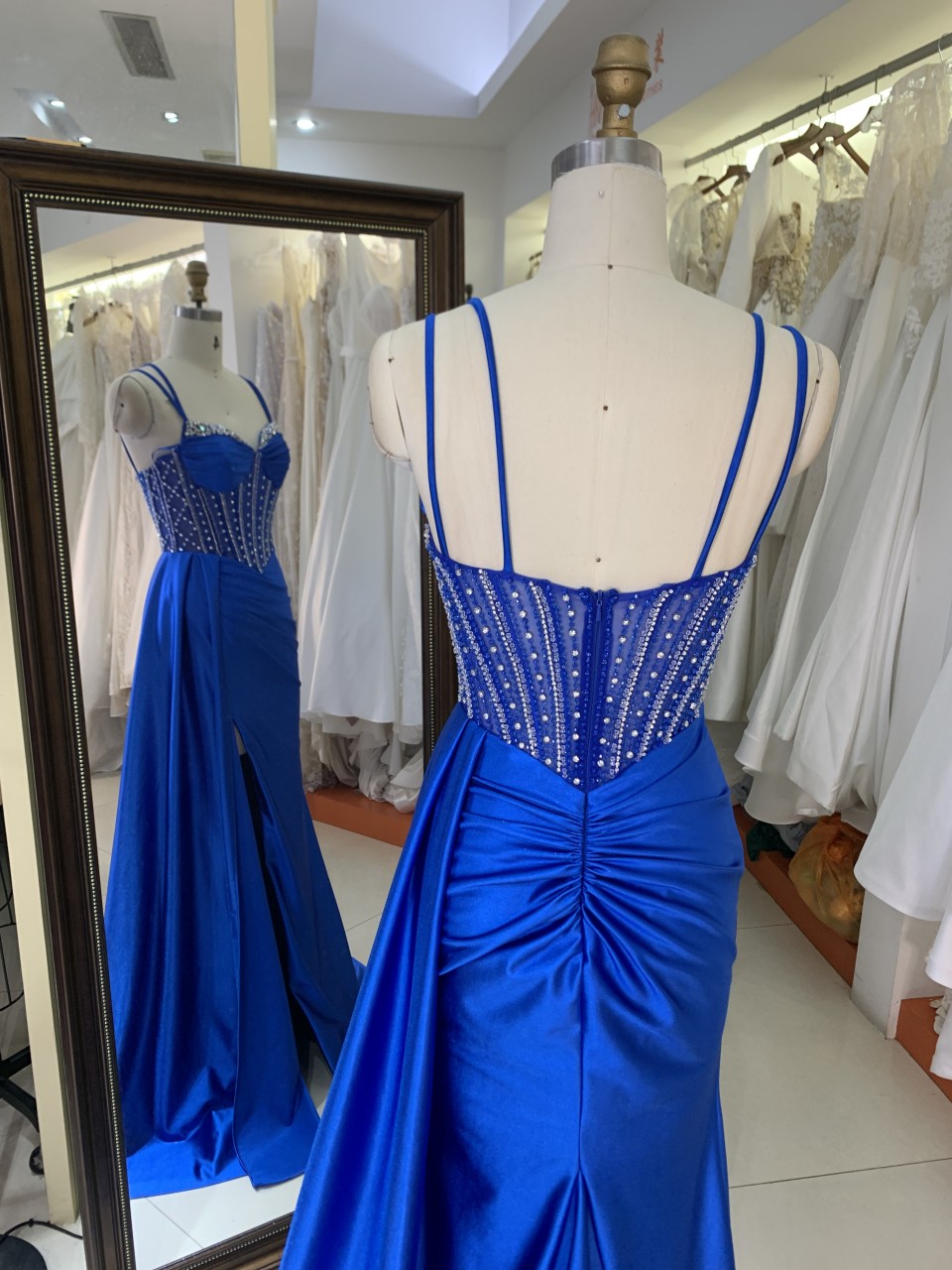 New Fashionable 2025 high quality elegant temperament slim Evening Dress Satin with Rhinestone royal blue color