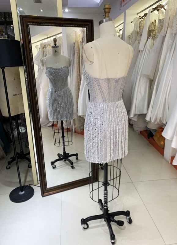 Sexy Rhinestone New fashion design Off The Shoulder Evening Prom Dress fringe dress luxury short silver evening dresses