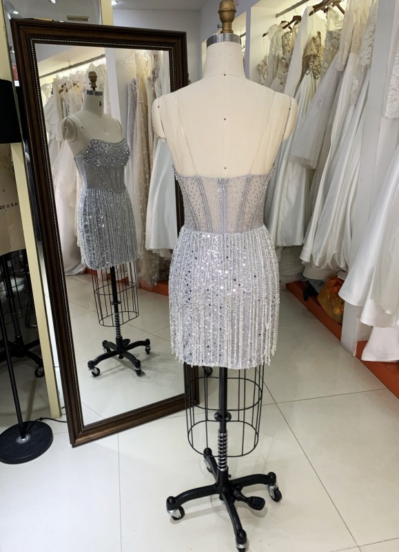 Sexy Rhinestone New fashion design Off The Shoulder Evening Prom Dress fringe dress luxury short silver evening dresses