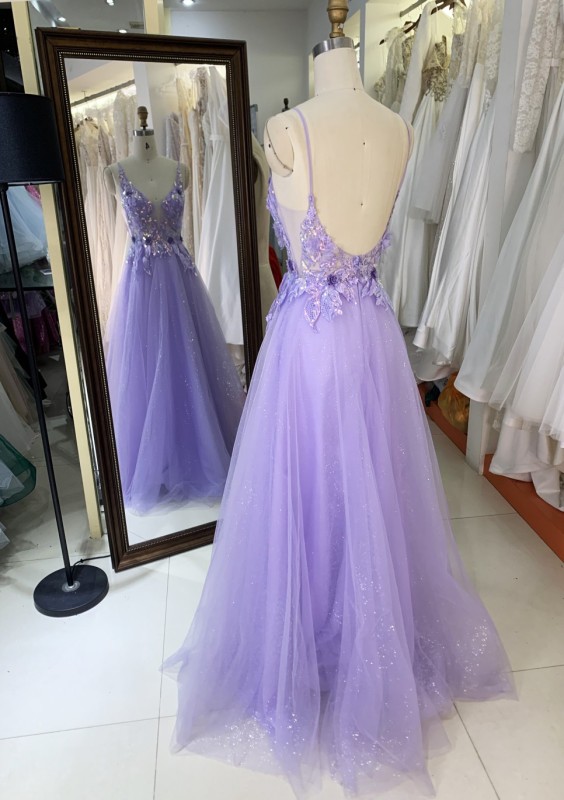 Purple V Neck Backless A Line Prom Dress embroidery beading ruffle Floor Length prom evening dresses