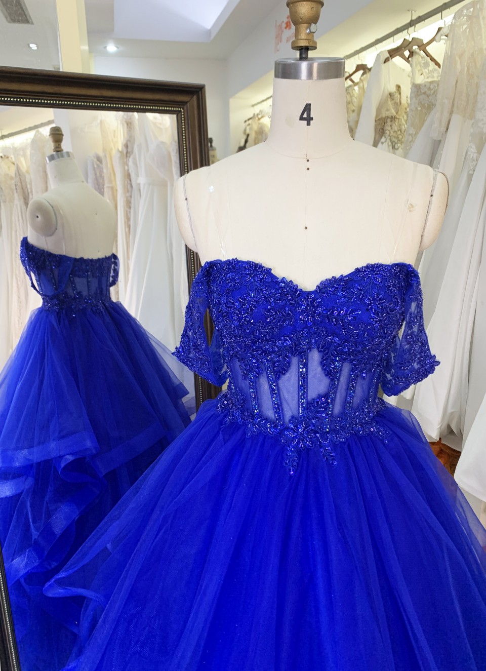 Luxury fashion Off The Shoulder wholesale corset royal blue embroidery beading ruffle skirt A line prom evening dresses