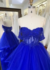 Luxury fashion Off The Shoulder wholesale corset royal blue embroidery beading ruffle skirt A line prom evening dresses