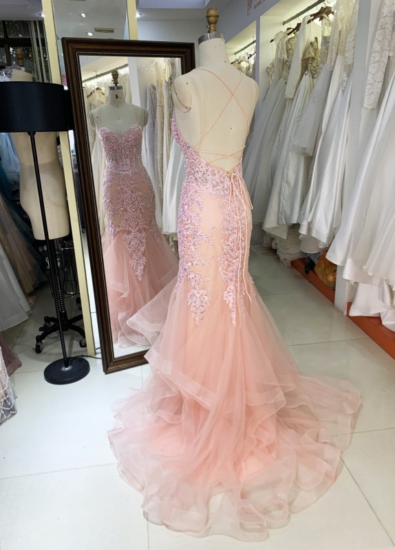 2025 Fashion custom pink sexy mermaid gowns prom evening dress embroidered flower lace boning design prom dress