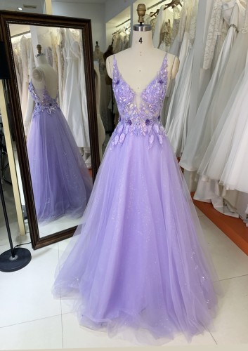 Purple V Neck Backless A Line Prom Dress embroidery beading ruffle Floor Length prom evening dresses