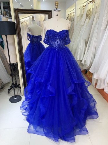 Luxury fashion Off The Shoulder wholesale corset royal blue embroidery beading ruffle skirt A line prom evening dresses