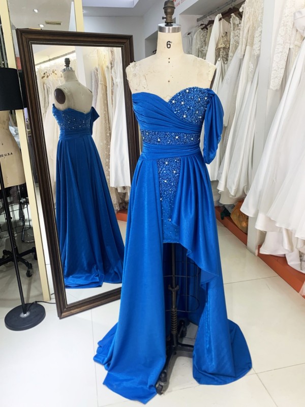 2025 high quality wholesale brand off shoulder handmade beads elegant women slim evening dress pleated style prom dress