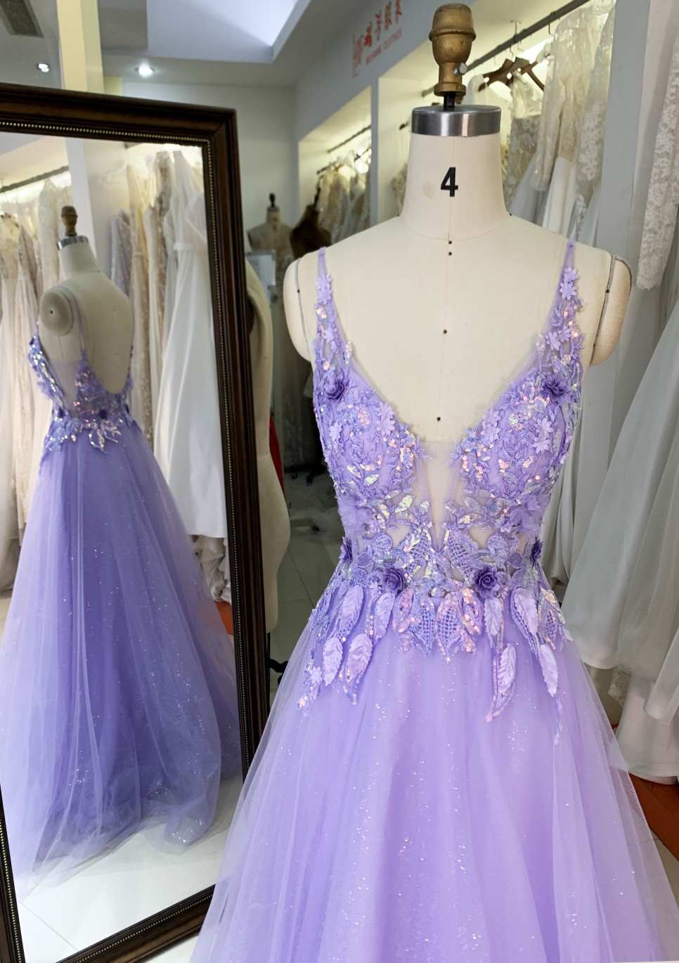Purple V Neck Backless A Line Prom Dress embroidery beading ruffle Floor Length prom evening dresses