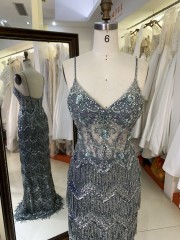 2025 V Neck Elegant Evening Prom Dress With Tassel Sequined Dress For Ladies Elegant Floor-length Dress with Beading