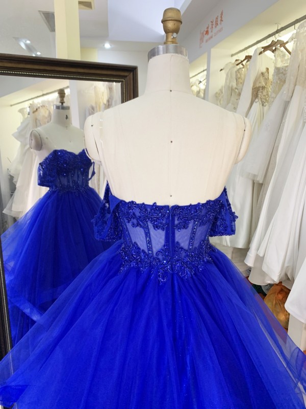 Luxury fashion Off The Shoulder wholesale corset royal blue embroidery beading ruffle skirt A line prom evening dresses