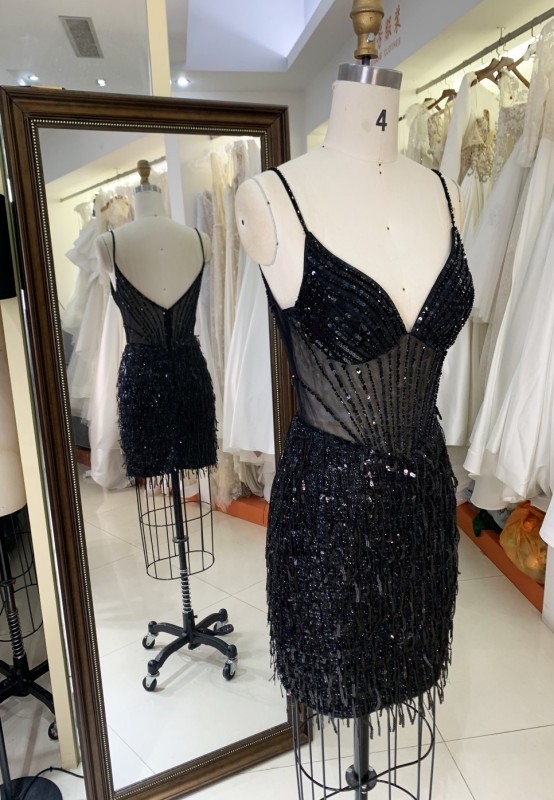 2025 Black fashion sexy tassel fringe sequin latin dance dress see-through corset party dress for Ladies Party Homecoming