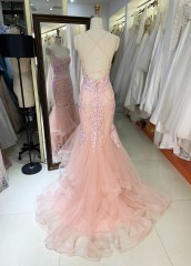 2025 Fashion custom pink sexy mermaid gowns prom evening dress embroidered flower lace boning design prom dress