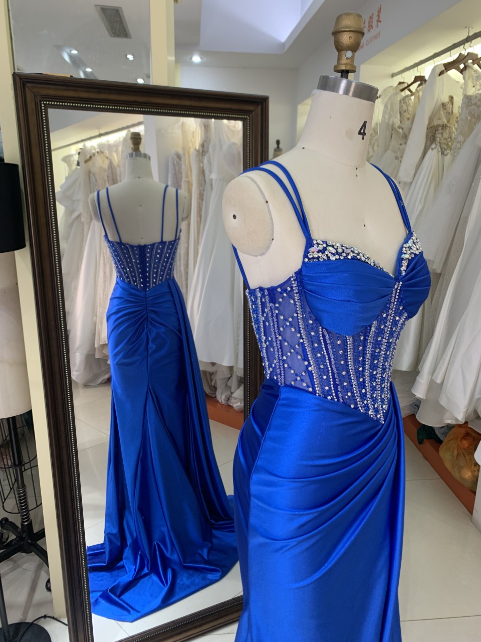 New Fashionable 2025 high quality elegant temperament slim Evening Dress Satin with Rhinestone royal blue color