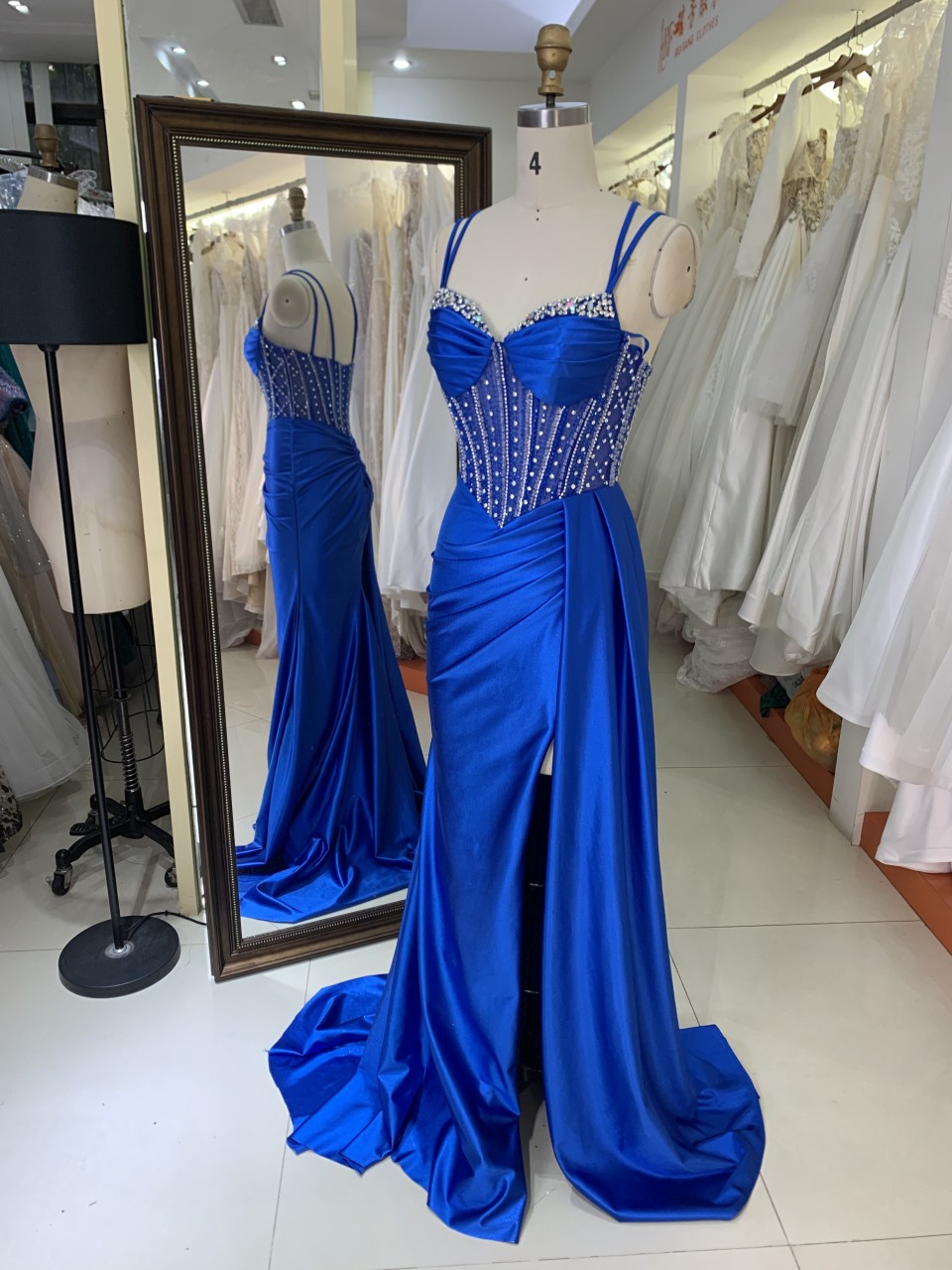 New Fashionable 2025 high quality elegant temperament slim Evening Dress Satin with Rhinestone royal blue color