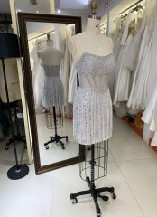 Sexy Rhinestone New fashion design Off The Shoulder Evening Prom Dress fringe dress luxury short silver evening dresses