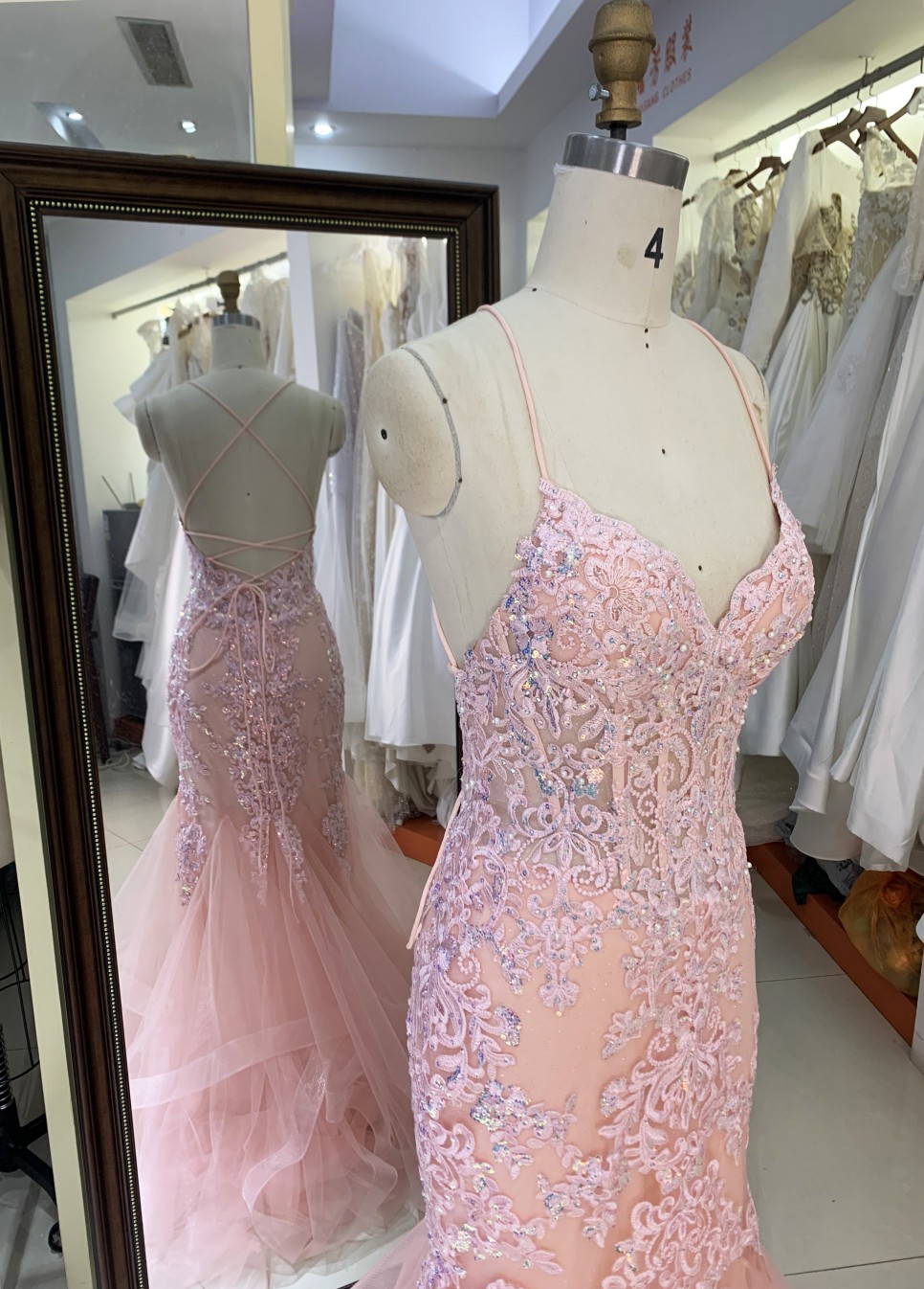 2025 Fashion custom pink sexy mermaid gowns prom evening dress embroidered flower lace boning design prom dress