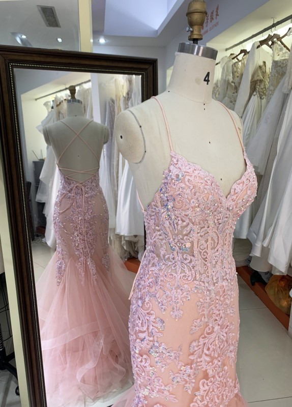2025 Fashion custom pink sexy mermaid gowns prom evening dress embroidered flower lace boning design prom dress