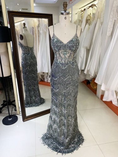 2025 V Neck Elegant Evening Prom Dress With Tassel Sequined Dress For Ladies Elegant Floor-length Dress with Beading