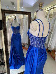New Fashionable 2025 high quality elegant temperament slim Evening Dress Satin with Rhinestone royal blue color