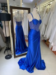 New Fashionable 2025 high quality elegant temperament slim Evening Dress Satin with Rhinestone royal blue color
