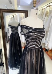 2025 Stunning embellished Black color upper body crystal chain sequin fabric party dress maxi sequin evening dress