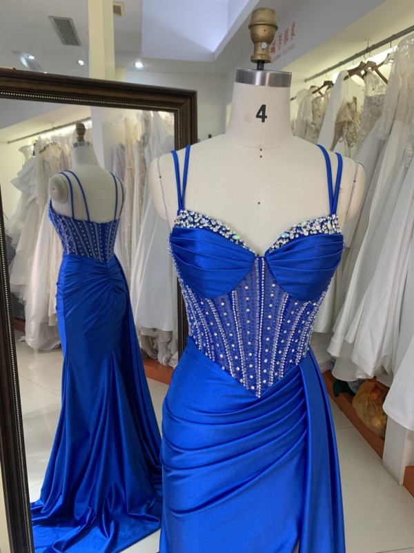 New Fashionable 2025 high quality elegant temperament slim Evening Dress Satin with Rhinestone royal blue color