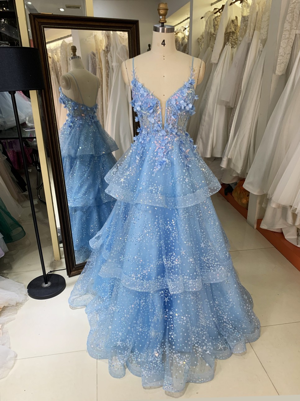 Elegant Sequined Light Blue Aline Tulle Skirt Prom Dress Embroidery — free download