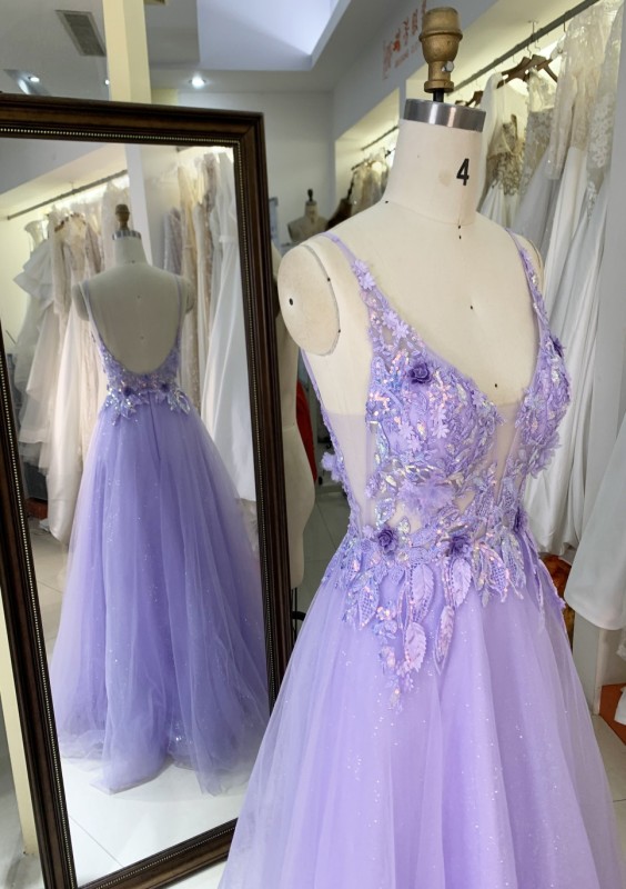 Purple V Neck Backless A Line Prom Dress embroidery beading ruffle Floor Length prom evening dresses