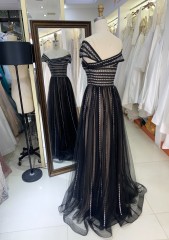2025 Stunning embellished Black color upper body crystal chain sequin fabric party dress maxi sequin evening dress