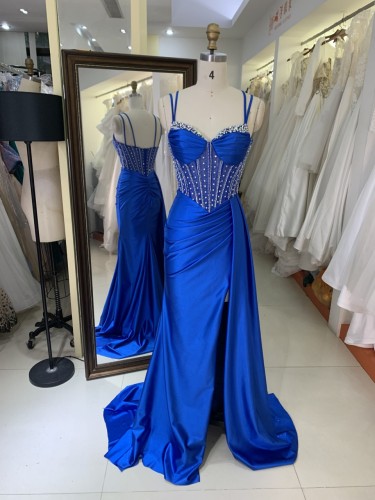 New Fashionable 2025 high quality elegant temperament slim Evening Dress Satin with Rhinestone royal blue color