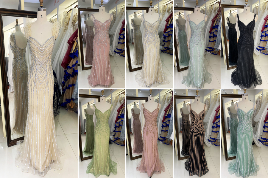 New luxury wholesale sage beading chain long gowns evening dresses women for prom 2025 robe des soiree chic