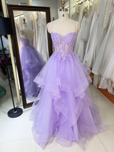 New Fashionable 2025 Lilac high quality elegant ruffle embroidery lace up back princess prom dresses