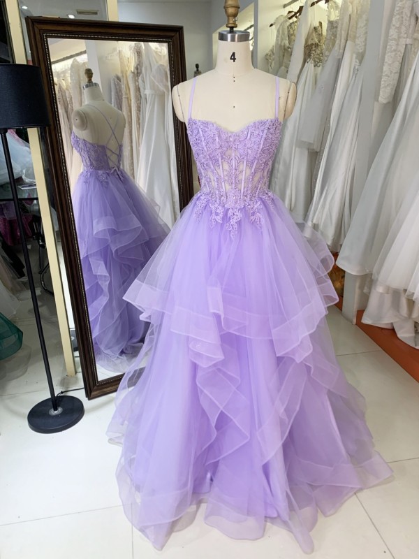New Fashionable 2025 Lilac high quality elegant ruffle embroidery lace up back princess prom dresses