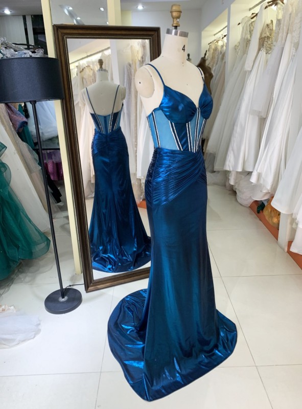New Fashionable 2025 high quality elegant Teal sleeveless corset zipper up back mermaid fitted satin prom dresses