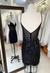 2025 Black fashion sexy tassel fringe sequin satin dance dress see-through corset party dress for Ladies Party Homecoming