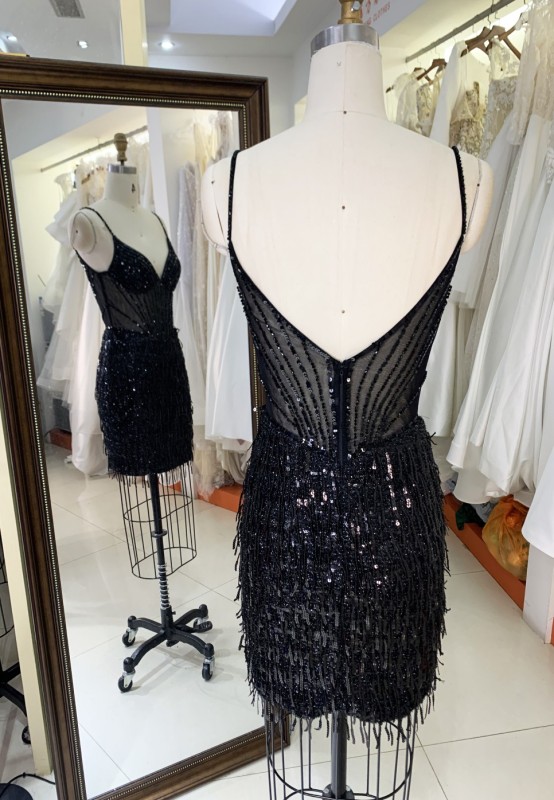 2025 Black fashion sexy tassel fringe sequin satin dance dress see-through corset party dress for Ladies Party Homecoming