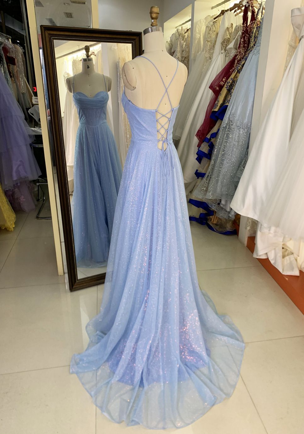 2025 New style pale blue elegant glitter tulle A Line skirt women's evening dress long train prom dress