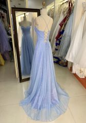 2025 New style pale blue elegant glitter tulle A Line skirt women's evening dress long train prom dress