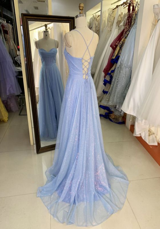 2025 New style pale blue elegant glitter tulle A Line skirt women's evening dress long train prom dress